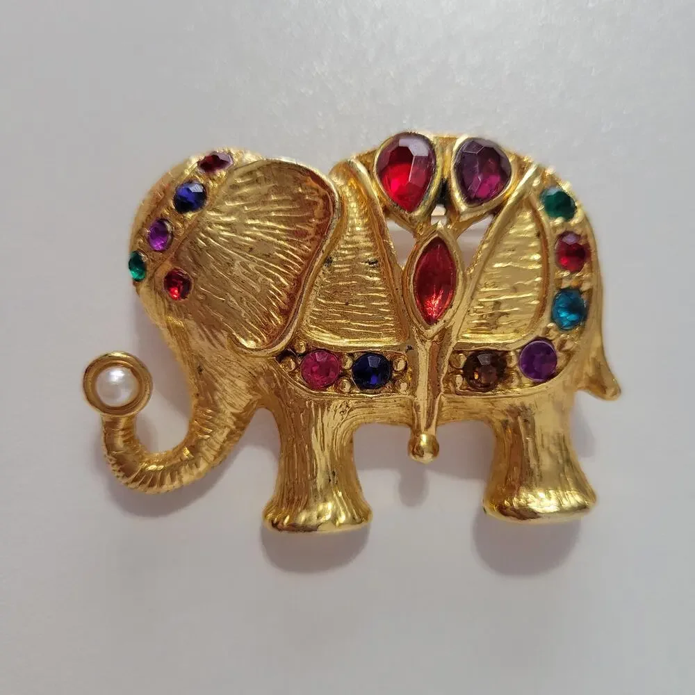 Vintage Elephant Gold Tone Brooch w Multicolor Stones Faux Pearl Mogul Statement